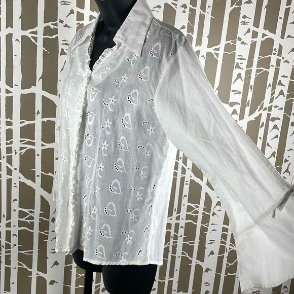 Cotton Sheer Eyelet Floral Hearts Button Front Top L - Picture 5 of 9